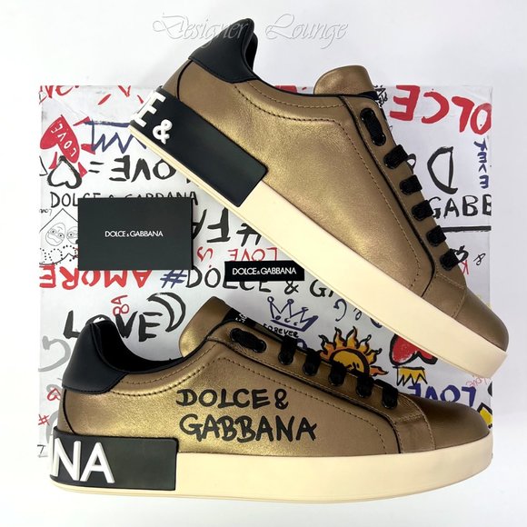 NEW DOLCE & GABBANA Gold-Tone Leather Logo Men's PORTOFINO Sneakers EU 42 / US 9 - Picture 3 of 10